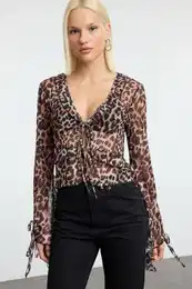 Brown Animal Patterned Tie and Ruffle Detailed Regular/Normal Fit Knitted Blouse