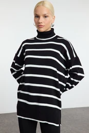 Black Striped Wide Cut Long Knit Sweater