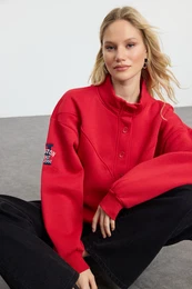 Dark Red Thick Inside Fleece Embroidered High Collar Oversize/Wide Cut Knitted Sweatshirt