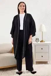 Curve Black 2-Piece Viscose Binding Dressing Gown-Pajama Bottom Woven Pajama Set