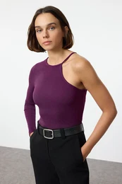 Plum Corded Fitted Crew Neck Single Sleeve Stretchy Knitted Blouse