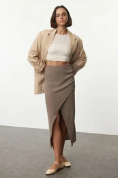 Mink Double Breasted Textured Gathered/Draped Detailed Midi Skirt