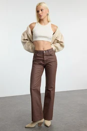 Brown Coated High Waist Wide Leg Jeans