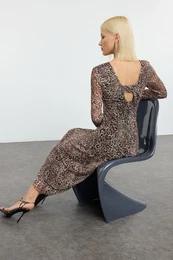 Brown Animal A-line Midi Knit Dress