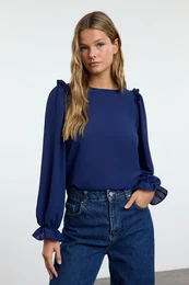 Navy Blue Long Sleeve Stand Collar Woven Blouse