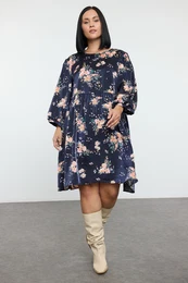 Curve Navy Blue Floral Crew Neck Balloon Sleeve Mini Woven Plus Size & Maternity Dress