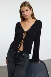 Black Body-Sit Regular/Normal Pattern Elastic Knitted Blouse with Tie Detail