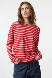 Red-Pink Striped Regular/Normal Pattern Basic Crew Neck Knitted T-Shirt