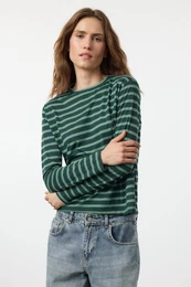 Petrol-Mint Striped Regular/Normal Pattern Basic Crew Neck Knitted T-Shirt