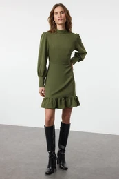 Khaki A-Line Stand Collar Mini Woven Dress with Pleated Skirt