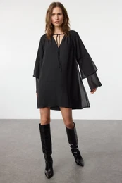 Black Plain Ruffle Mini Woven Winter Dress