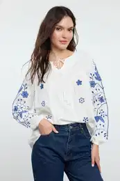 White Embroidered Neck Tie Detailed Woven Blouse