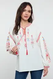 White Embroidered Neck Lace Detailed Woven Blouse
