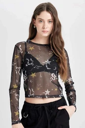 Cool Fitted Body Patterned Tulle Short Sleeve Black T-Shirt