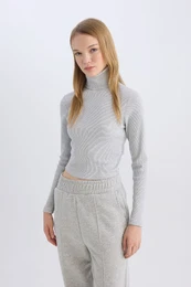 Coool Fitted Turtleneck Ribbed Camisole Basic Plain Long Sleeve T-Shirt