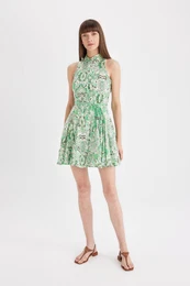 A-Line Shirt Collar Patterned Voile Sleeveless Mini Dress