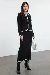 Black Bias Accessory Buttoned Knitwear Cardigan Skirt Bottom-Top Set