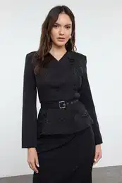 Black Belted Embroidered Detailed Woven Jacket
