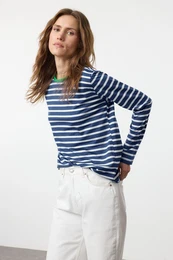 Saxon-Ecru Striped Collar Colorful Ribbed Striped Basic Knitted T-Shirt
