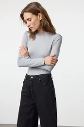 Gray Crew Neck Slim/Fitting Knitted Bodysuit