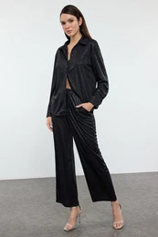 Black Animal Patterned Knitted Top and Bottom Set