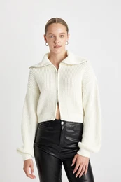 Slim Fit Basic Stand Collar Knitwear Zippered Cardigan