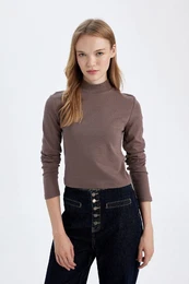 Fitted Half Turtleneck Modal Basic Plain Long Sleeve T-Shirt