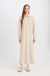 Basic Plain Buttoned Long Sleeve Thessaloniki Fabric Maxi Knit Dress