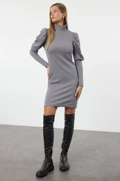 Grey Fitted Mini Stretch Knit Dress