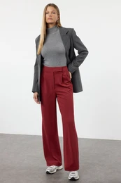 Burgundy Velcro Closure High Waist Pleated Wide Leg Trousers