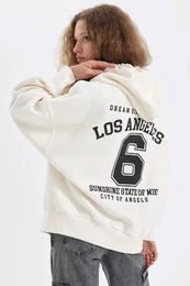 Oversize Wide Pattern Hooded Back Printed Thick Zippered Sweatshirt