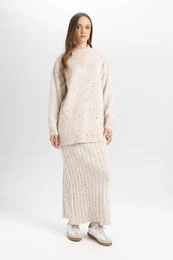 Regular Fit Flexible Waisted Basic Plain Maxi Knitwear Skirt