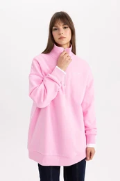 Regular Fit Polo Neck Printed Soft Fuzzy Sweatshirt Tunic