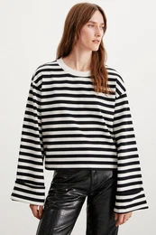 Nelda Women's Crew Neck Long Wide Sleeve Striped Black - White T-shirt