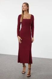 Burgundy Maxi Flounce Square Neck Fitted/Fits Body Maxi Flexible Knit Dress