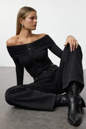 Black Gathered/Draped Detailed Button Detailed Carmen Collar Crop Knitted Blouse