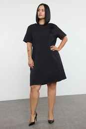 Curve Black Rose/Flower Accessory Short Sleeve Woven Mini Plus Size Dress