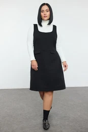 Curve Black Tweed Textured Strappy Vest Pocket Woven Mini Plus Size Dress