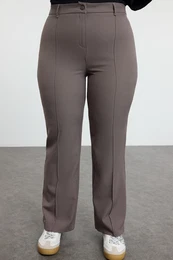 Curve Grey High Waist Ribbed Stitched Spanish Leg Woven Fabric Trousers