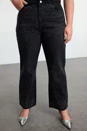 Curve Anthracite High Waist Stoned Straight Fit Jeans