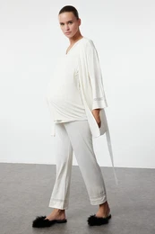 Curve Ecru Breastfeeding Suitable Knitted Maternity & Postpartum Dressing Gown-Pajama Set of 3