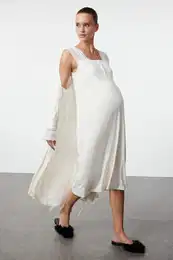 Ecru Lace Detailed Belted Knitted Maternity & Postpartum Dressing Gown-Nightgown Set of 2