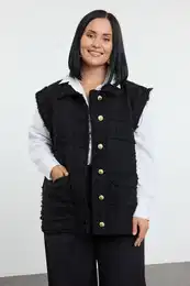 Curve Black Pocket, Gold Button Pocket Tweed Large Size Woven Vest