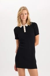 A-Line Polo Neck Basic Plain Ribbed Look Viscose Short Sleeve Mini Dress