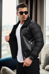 16456 Faux Fur Inside Slim Fit Mens Winter Coat-BLACK-BLACK