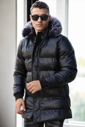 89545 Hooded Shiny Mens PU Jacket-BLACK