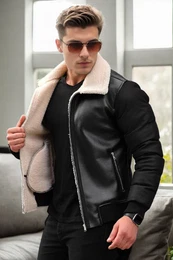 16456 Faux Fur Inside Slim Fit Mens Winter Coat-BLACK-BEIGE