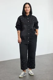 Curve Anthracite Stoned Plus Size Denim Shirt