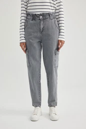 Paperbag Cargo Pocket High Waist Ankle Length Jean Washed Pants