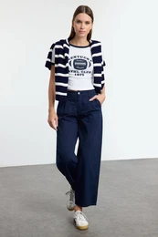 Navy Blue Pleated High Waist Denim Barrel Trousers